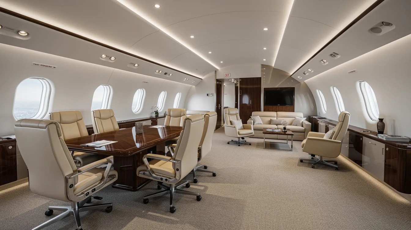 The image showcases the interior of a spacious large cabin private jet, featuring luxurious leather seats arranged in both conference and lounge configurations, ideal for private jet travel and accommodating large groups. This elegant space emphasizes comfort and style, making it perfect for efficient aircraft use during charter flights.