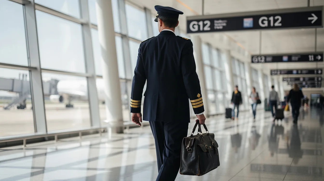 A pilot in a professional uniform walks through an airport terminal towards the gate, carrying a flight bag, embodying the dedication and commitment of those in the aviation industry, such as Republic Airways, one of the largest regional airlines. The bustling atmosphere of the terminal highlights the excitement of scheduled passenger service and daily flights.