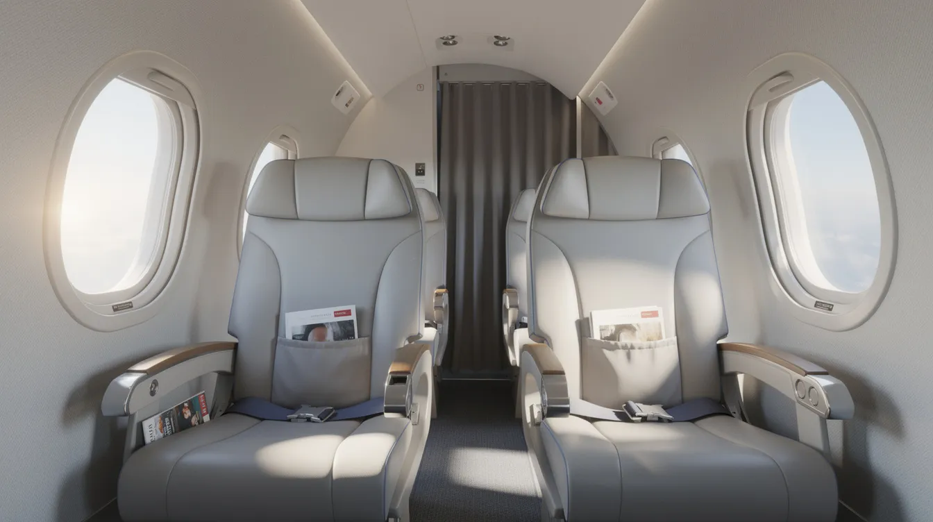 The image shows the interior of a small regional jet cabin, featuring two-by-two seating arrangements and natural light streaming in from the windows. This setting reflects the comfortable and modern design typical of aircraft like the Embraer 170 and 175, often used by Republic Airways for scheduled passenger service.