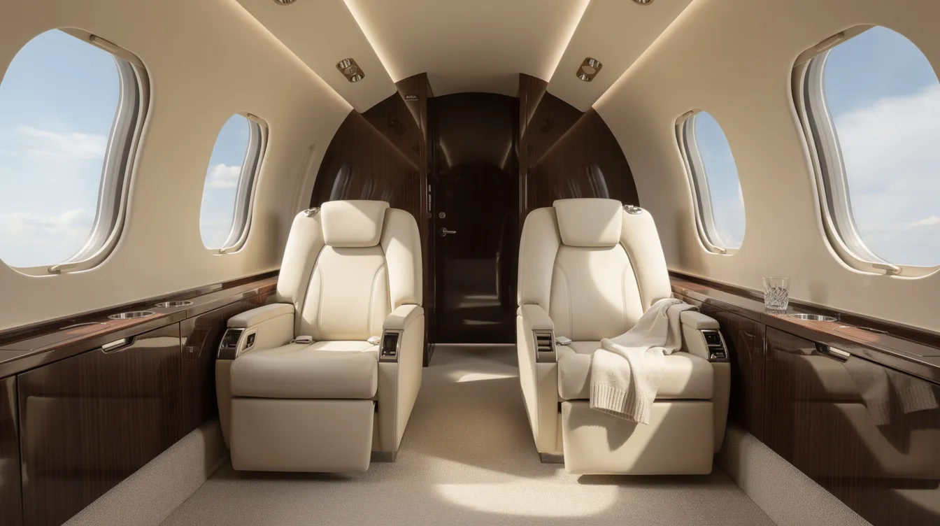 The image depicts the luxurious interior of a Gulfstream G650ER private jet, featuring cream leather seats and elegant wood paneling. Large oval windows reveal a clear blue sky, highlighting the aircraft's cabin comfort and spacious design suitable for up to eight passengers.