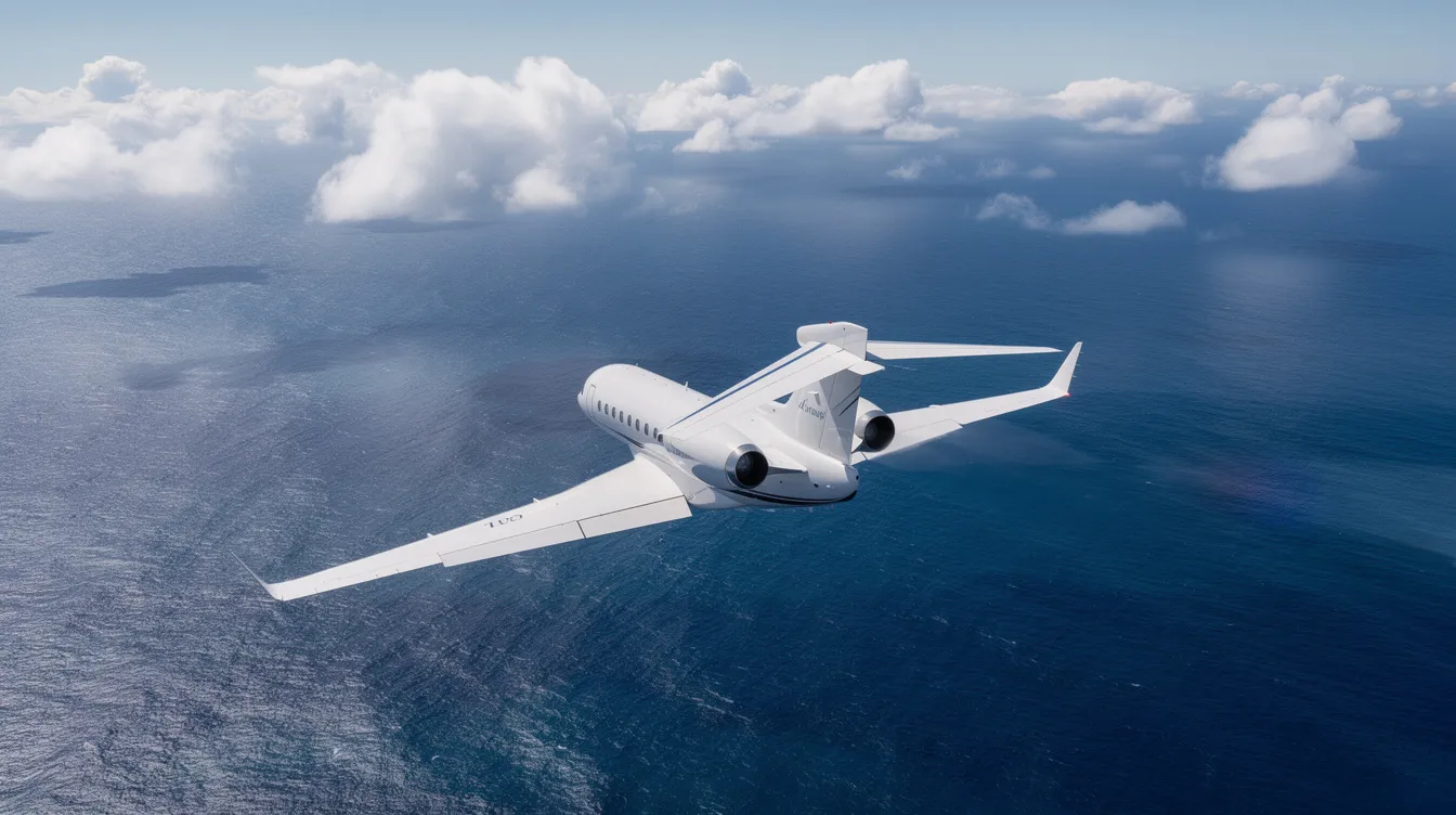 An aerial view captures a sleek white Gulfstream G650ER private jet soaring above a deep blue ocean dotted with scattered clouds, showcasing the aircraft's elegance and capabilities in business aviation. The scene highlights the jet's long range and luxurious design, making it a prime example of the fastest business jet in the market.