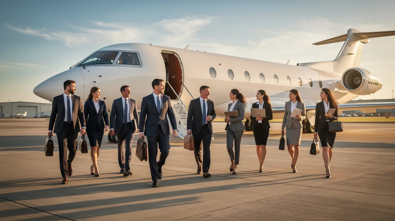 A group of business professionals in formal attire walks toward a Gulfstream G650ER, a luxurious private jet known for its maximum range and passenger capacity of eight. The sunlit tarmac highlights the aircraft's sleek design, symbolizing the pinnacle of business aviation and comfort.