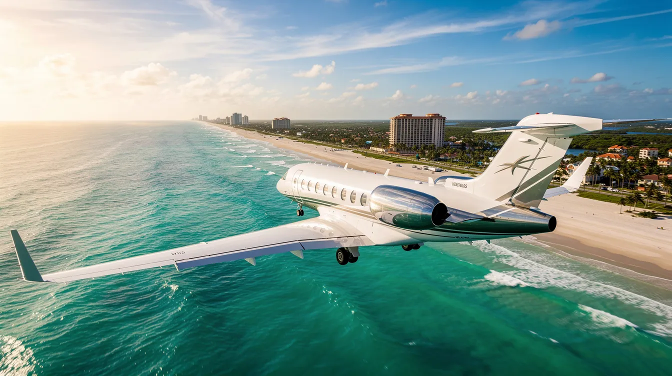 A sleek private jet soars above the sunlit Florida coastline, showcasing the stunning turquoise waters and white sand beaches below. This luxurious aircraft is part of a private jet flight, perfect for travelers heading from Atlanta to Miami.