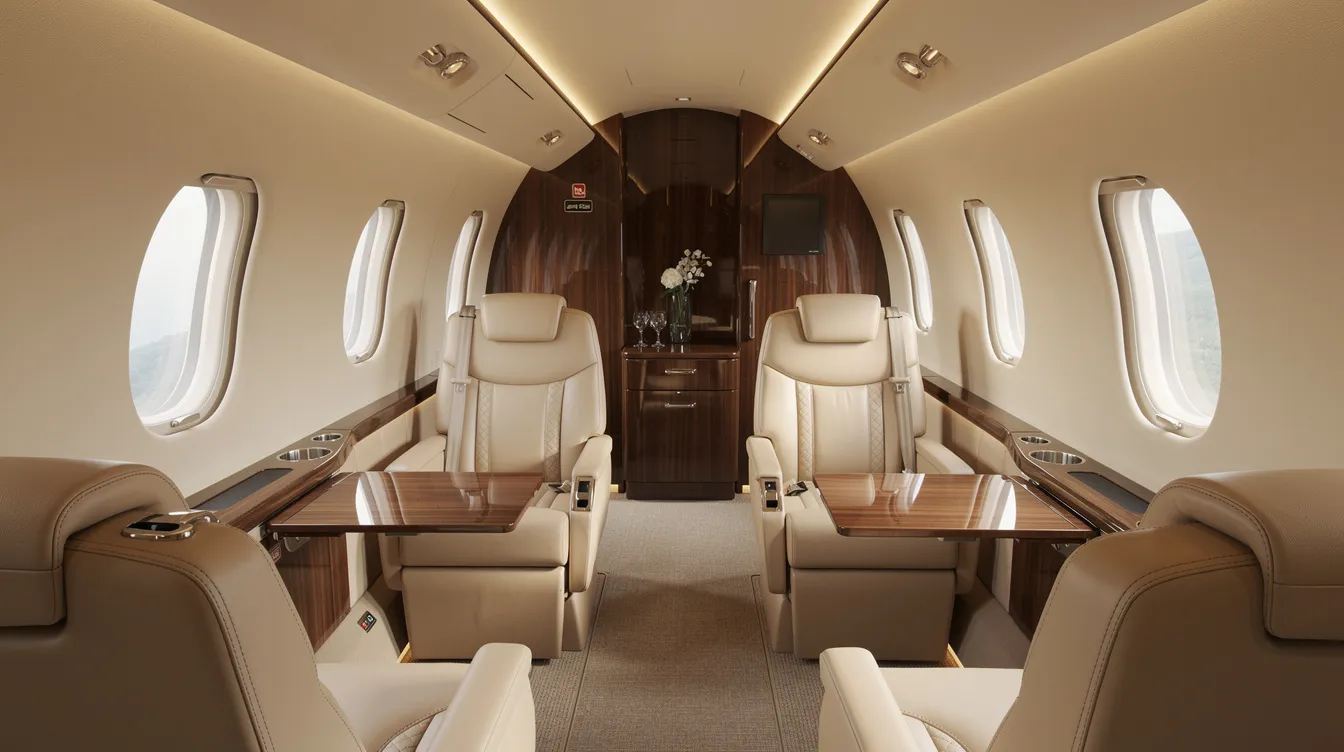 The image shows the interior of a midsize private jet cabin, featuring luxurious leather seats and polished wood accents, perfect for travelers seeking comfort on a private jet flight. This elegant space exemplifies the convenience and luxury of flying private, ideal for trips from Atlanta to Miami or other popular destinations in South Florida.