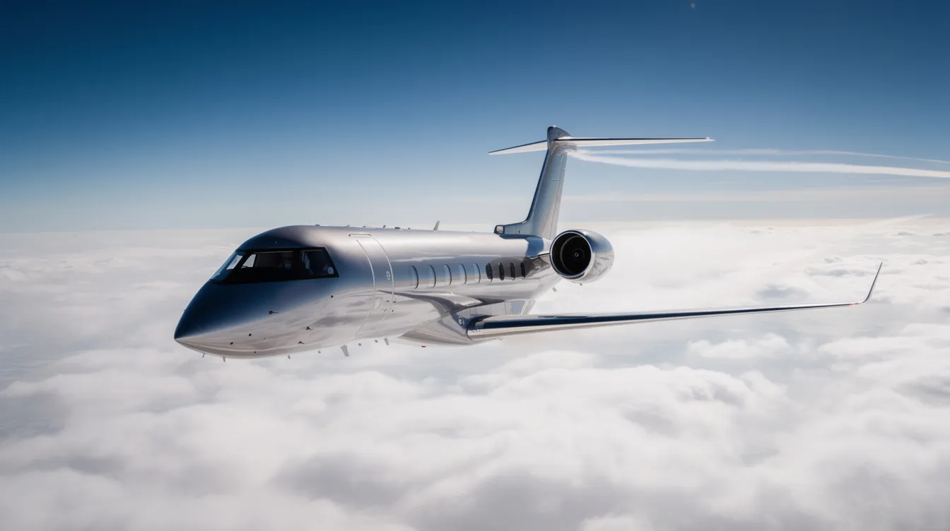 A sleek private jet is soaring above a blanket of fluffy white clouds at high altitude, showcasing the speed advantage of private aviation as it flies faster than commercial planes. This image captures the essence of private jet travel, emphasizing both luxury and efficiency in reaching desired destinations.