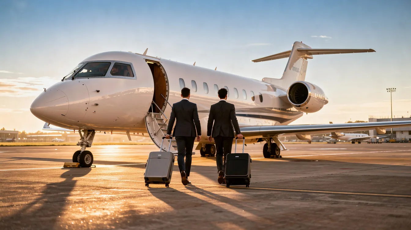 A group of business travelers is walking toward a private jet parked on a sunlit tarmac, emphasizing the advantages of private jet travel, such as faster flight times and more direct routes compared to commercial planes. The scene highlights the luxury and efficiency of private aviation for those seeking to reach their final destination swiftly.