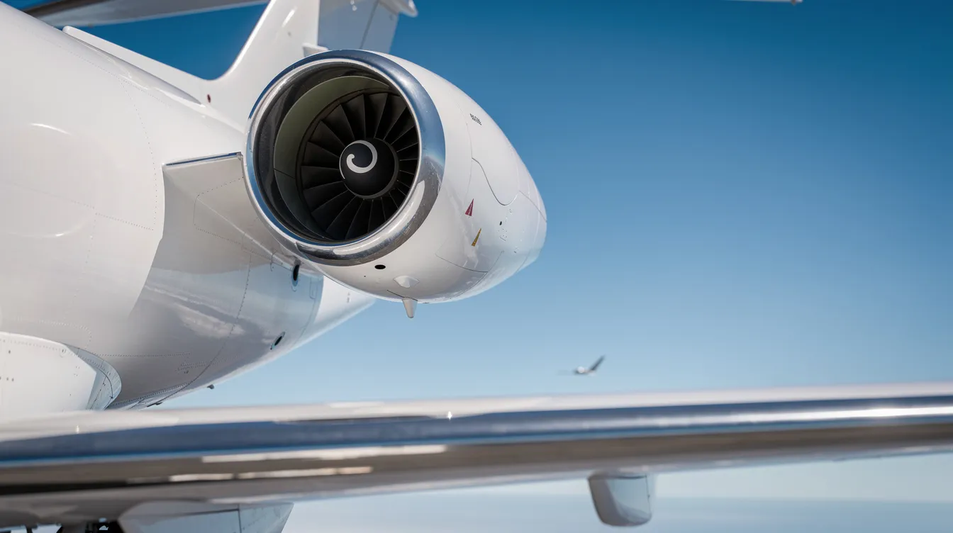 A close-up view of a turbofan engine mounted above the wing of a modern light jet, likely a HondaJet, with a clear blue sky in the background. The image showcases the efficient engine design that contributes to the aircraft's performance and fuel efficiency in the private aviation sector.