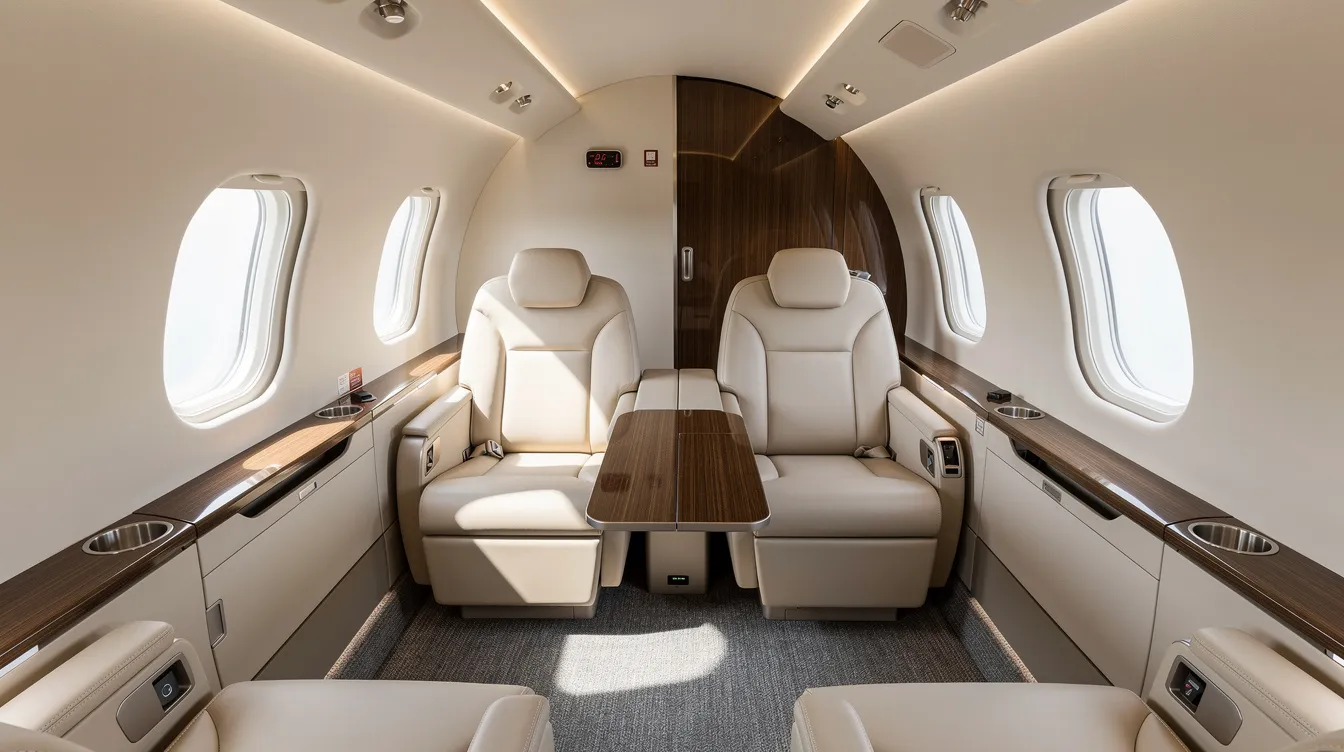 The image shows the interior of a modern light jet cabin featuring luxurious leather seats arranged in a club configuration, with natural light streaming through oval windows. This elegant space is characteristic of the HondaJet Elite II, highlighting its focus on comfort and design in the private aviation sector.