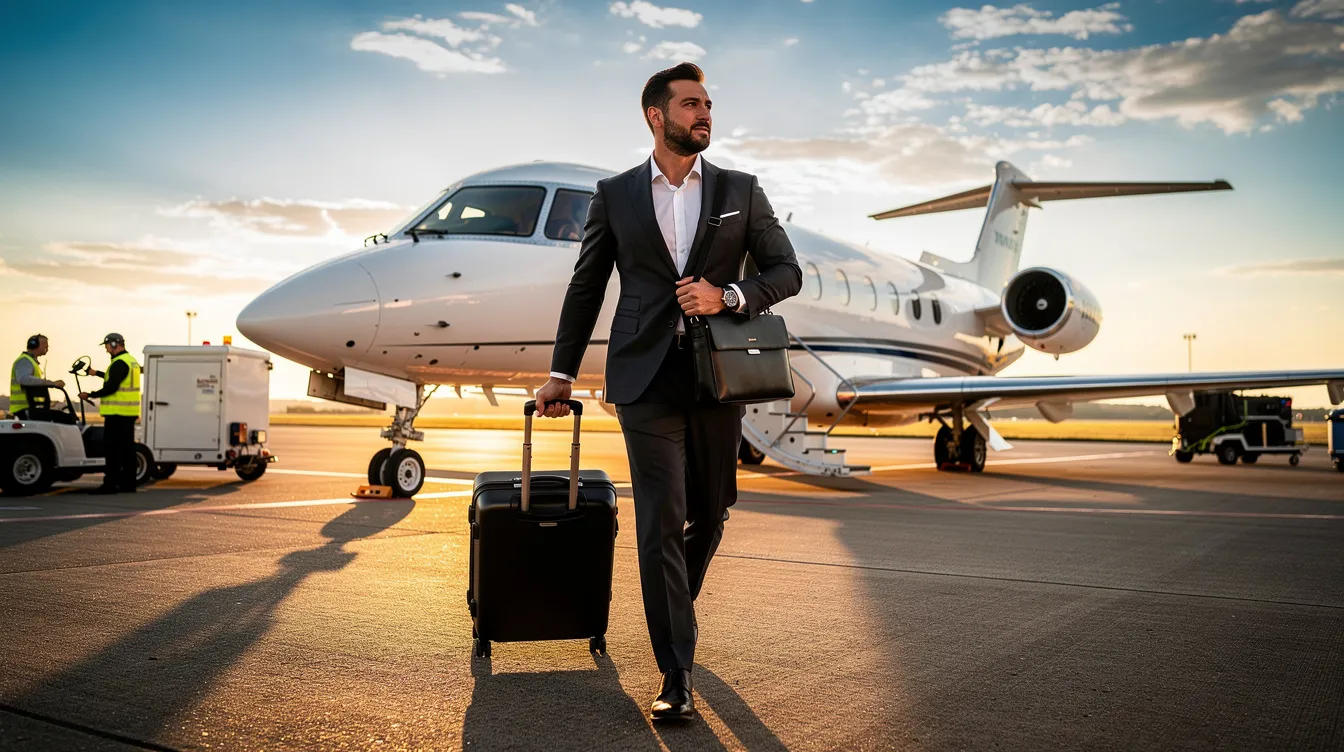 A business traveler in professional attire walks confidently toward a Honda private jet on a sunlit runway, with ground crew members visible in the background preparing for departure. The scene highlights the sleek design of the HondaJet aircraft, emphasizing its role in private aviation and the light jet segment.
