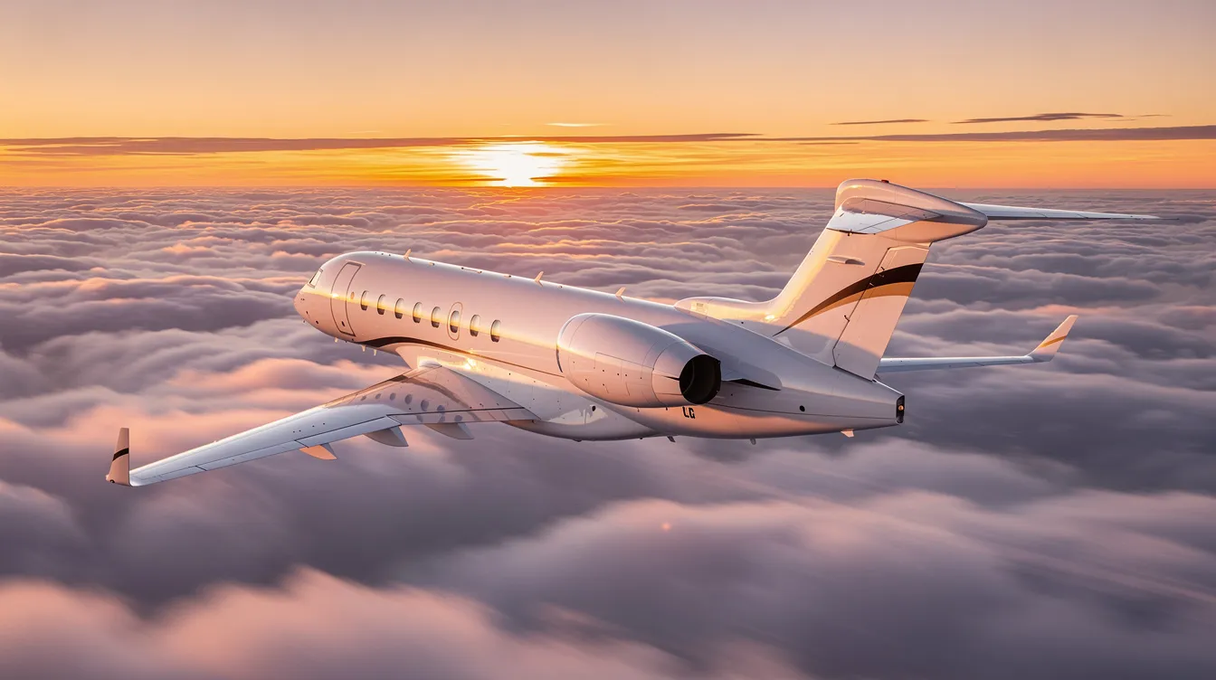 A sleek, modern white private jet, representing the advanced technology of Gulfstream Aerospace, glides gracefully above a fluffy layer of clouds with a vibrant sunset casting warm hues in the background. This scene captures the essence of luxury business aviation, highlighting the jet's ultralong range capabilities and its position in the world's finest aviation experience.
