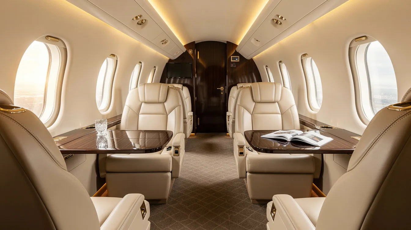 The image depicts the interior of a spacious private jet cabin featuring cream leather seats, large oval windows that allow for ample natural light, and warm ambient lighting, creating an inviting atmosphere. This luxurious setting is characteristic of Gulfstream aircraft, known for their advanced technology and commitment to providing the world's finest aviation experience.