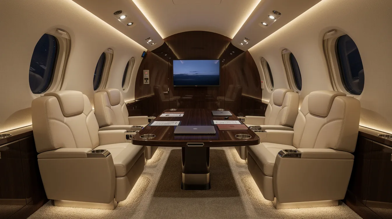 The image depicts the luxurious interior of a wide-cabin private jet, featuring cream leather club seats and a polished wood conference table, all illuminated by warm ambient lighting. This elegant setting exemplifies the comfort and sophistication found in models like the Gulfstream G650ER, making it an ideal space for business or leisure travel.
