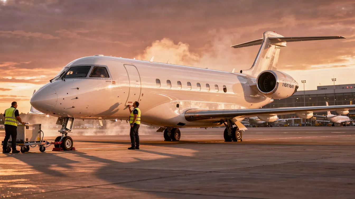A large white Gulfstream G650ER business jet is parked on a tarmac, illuminated by a golden sunset in the background, with ground crew members visible nearby preparing for departure. The aircraft features a forward galley configuration and is known for its ultra-long range capabilities, making it a desirable option for private jet buyers.