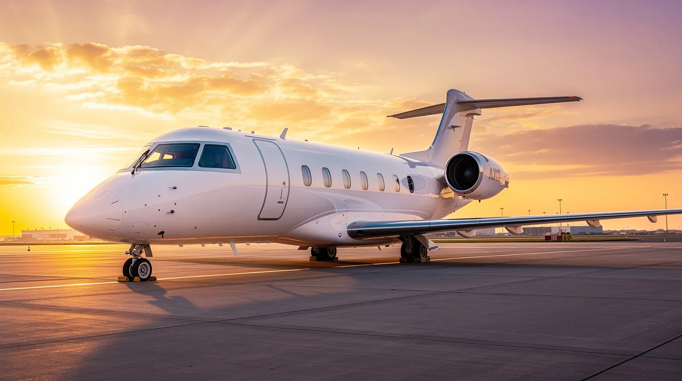 A sleek private jet is parked on a tarmac at sunset, with a warm golden sky illuminating the scene, showcasing the beauty of private flights. This moment captures the allure of flying private, emphasizing the luxury and comfort of the entire aircraft.