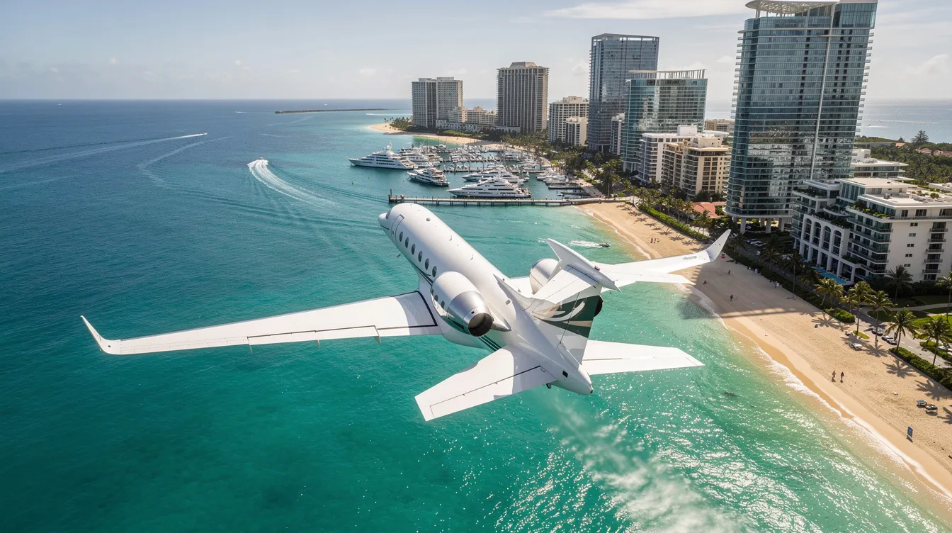 An aerial view captures a private jet soaring above a vibrant coastal city, with stunning turquoise waters glistening below. This image showcases the luxurious experience of flying private, highlighting the beauty of the destination and the benefits of chartering an entire aircraft for your journey.