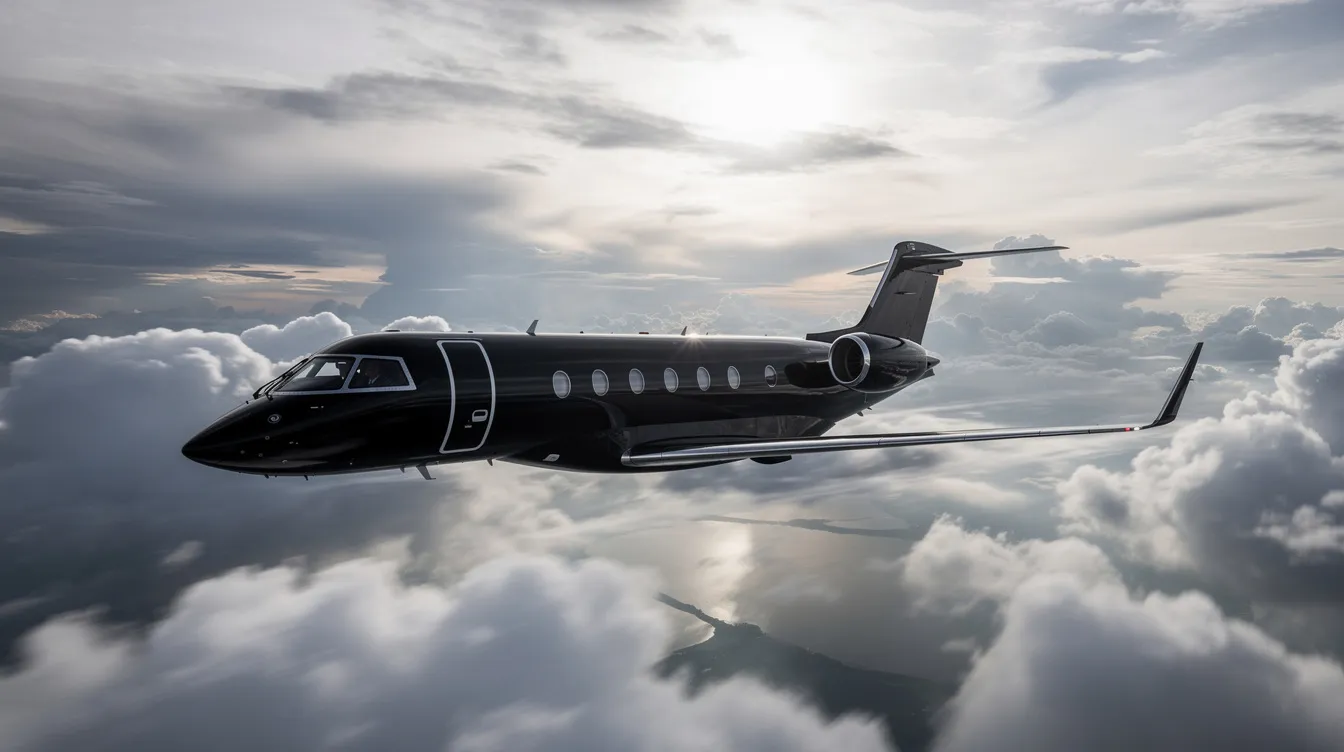 The image depicts a sleek black jet soaring through a cloudy sky, representing the elegance and power of modern aircraft. This visual captures the essence of aircraft ownership, which often involves considerations such as financing options, loan terms, and the overall cost of purchase.