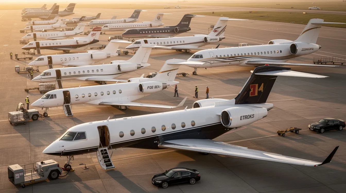 The image depicts a variety of private jets parked on a tarmac, showcasing different models of turbine aircraft. This scene highlights the diverse options available for those considering aircraft financing or purchasing, with potential loan amounts and ownership structures to explore.