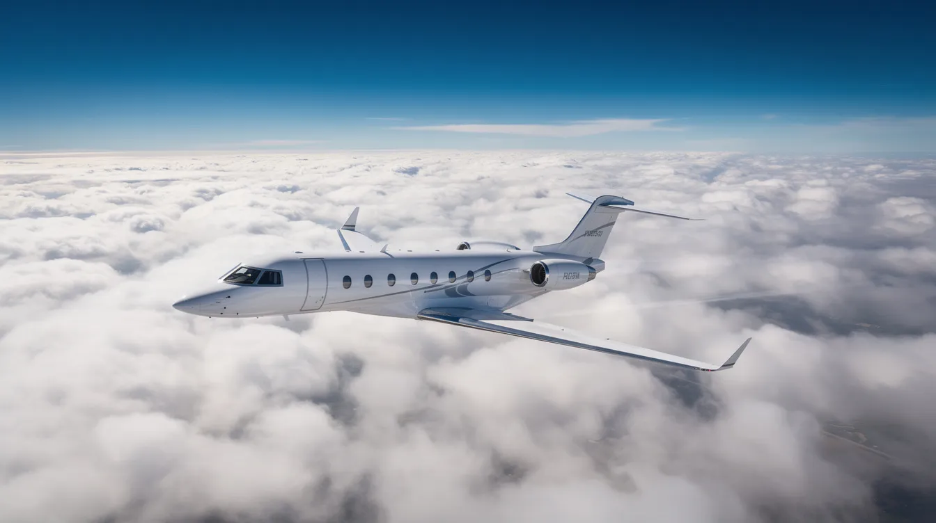 A small white Honda jet, specifically the HondaJet Elite II, is soaring high above a thick layer of clouds, with a clear blue sky visible above. This light business jet is known for its efficient engines and impressive maximum cruise speed, making it a popular choice in private aviation.