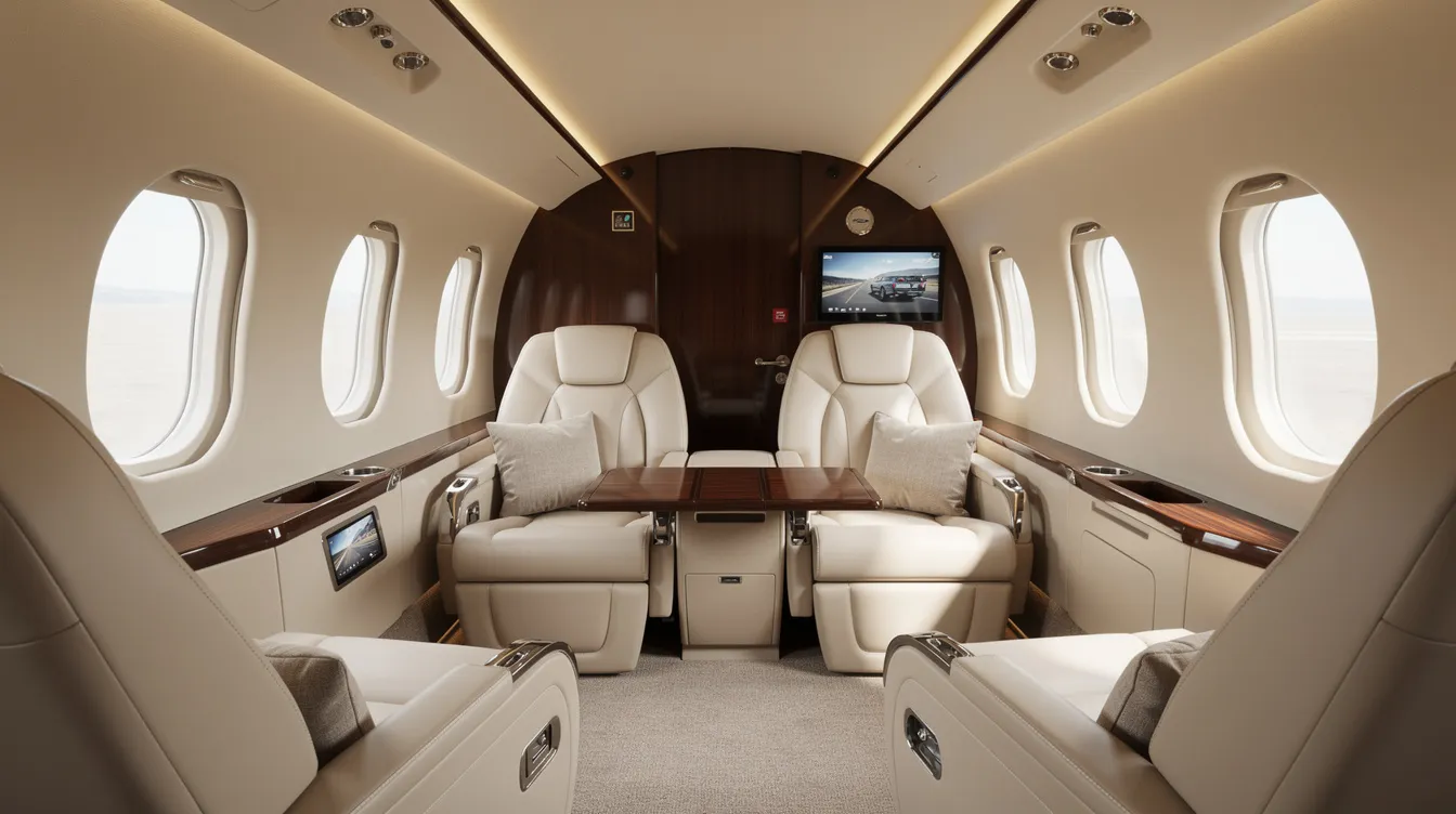 The image depicts the interior of a compact luxury jet cabin, featuring cream leather seats arranged in a club configuration and large windows that enhance the spacious feel. This stylish design is characteristic of the HondaJet Elite II, known for its fuel efficiency and advanced performance in the private aviation sector.