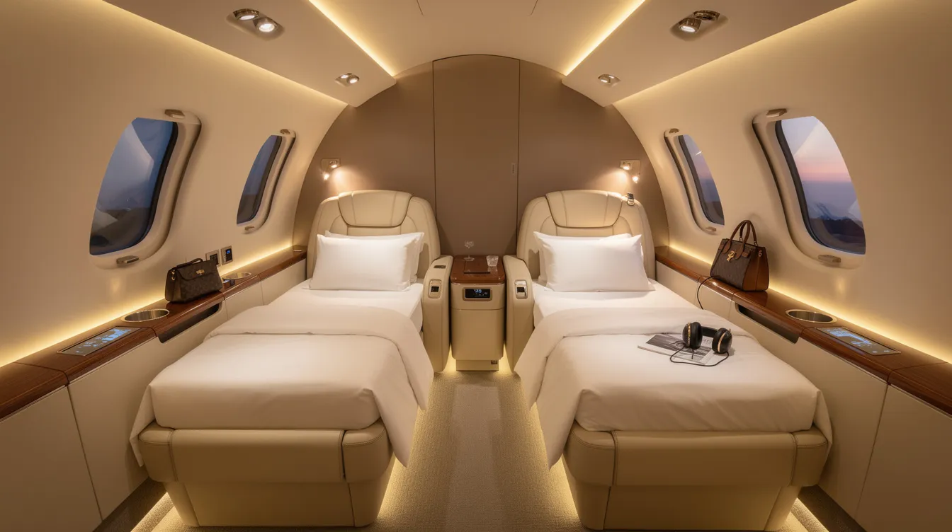 The image showcases the interior of a luxury private jet cabin, featuring fully flat beds and soft ambient lighting that creates a serene atmosphere for passengers. This elegant space is designed for comfort during long-distance flights, offering a premium experience in aviation.