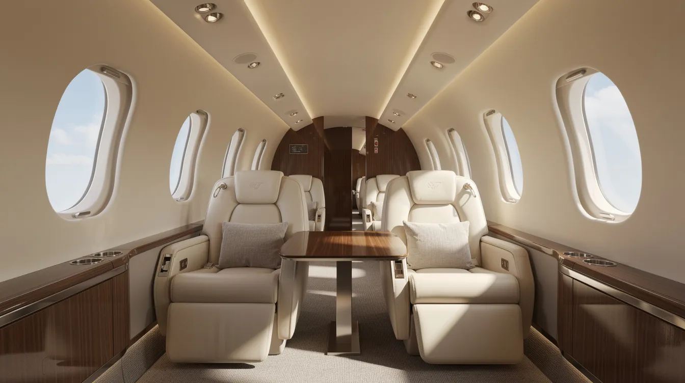 The image depicts the luxurious interior of a private jet cabin, featuring cream leather seats arranged in a club configuration, complemented by large oval windows that allow natural light to fill the space. This elegant setting is designed for comfort and style, ideal for passengers seeking a premium experience in private jet charters.