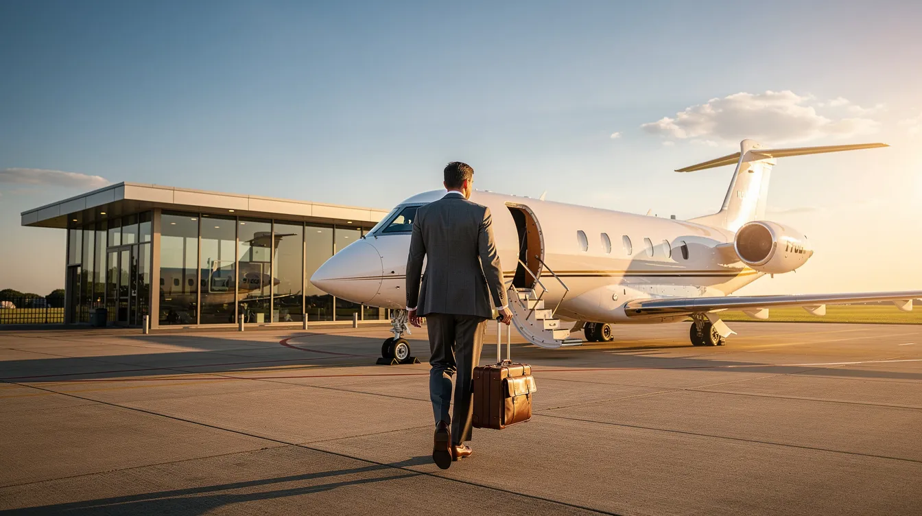A stylish traveler confidently approaches a private jet on a sunny tarmac, with a small private terminal building in the background, highlighting the luxury of private jet charters. The scene captures the essence of personalized flight experiences, contrasting the hustle of commercial flights with the convenience of smaller airports.