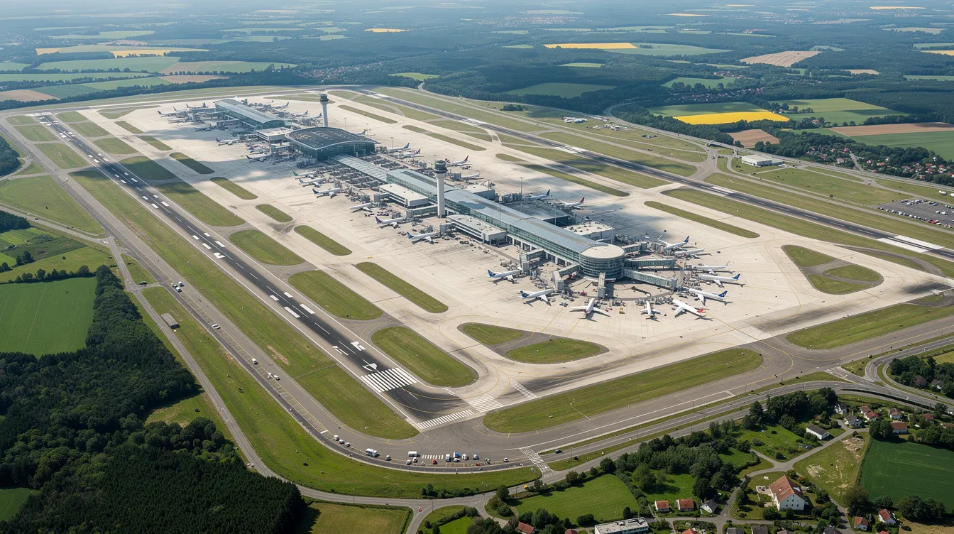 An aerial view of a large modern airport showcases multiple runways and taxiways, surrounded by lush green countryside, highlighting the massive size and advanced technology of the facilities. This bustling hub is designed to accommodate various aircraft, including the world's largest passenger airliner, the Airbus A380, offering diverse seating options such as first class, business class, and economy seats for travelers.