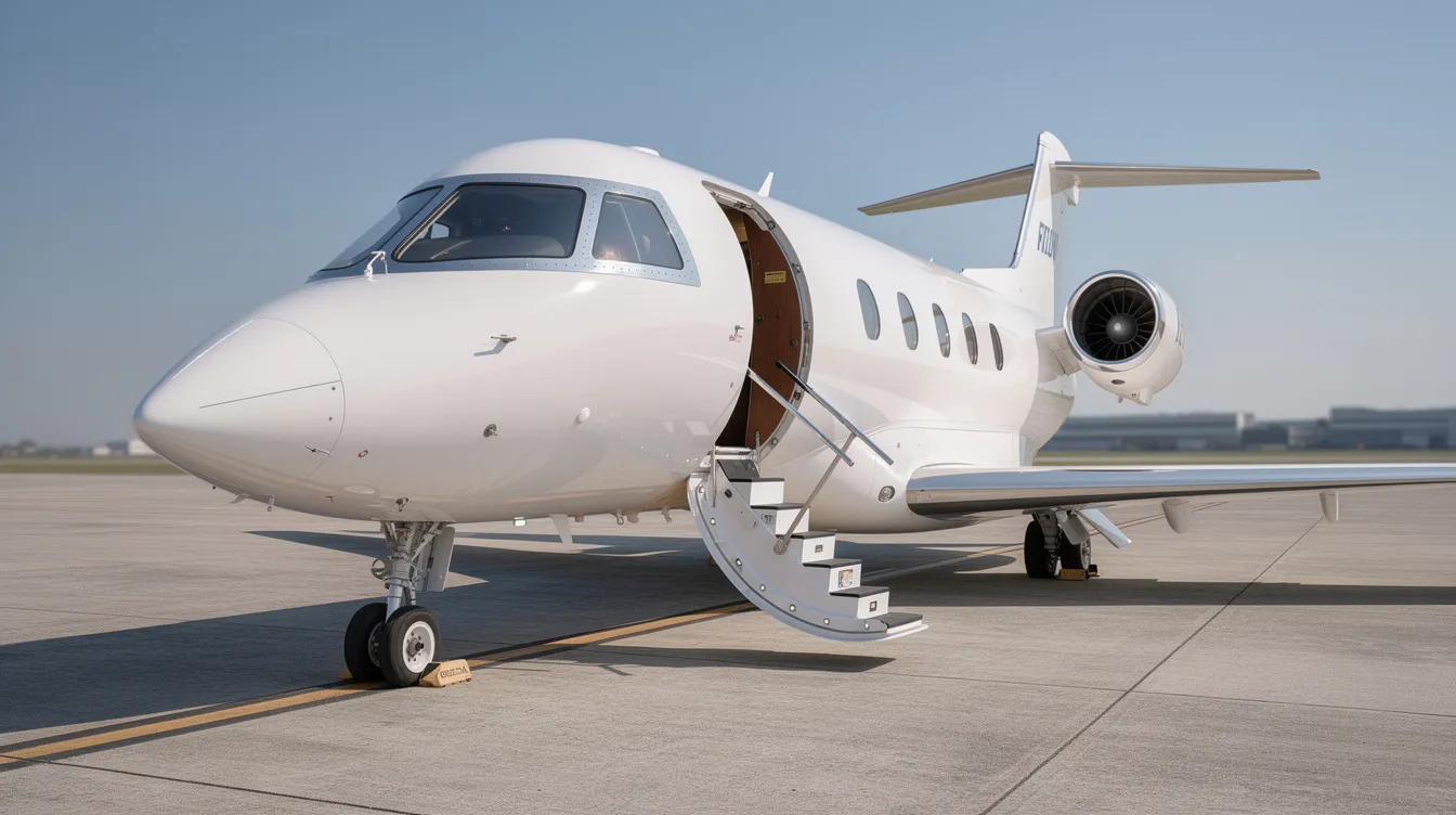 A sleek modern private jet stands on the tarmac with its door open and stairs extended, set against a clear blue sky. This aircraft exemplifies advanced technology and fuel efficiency, offering a luxurious travel experience.