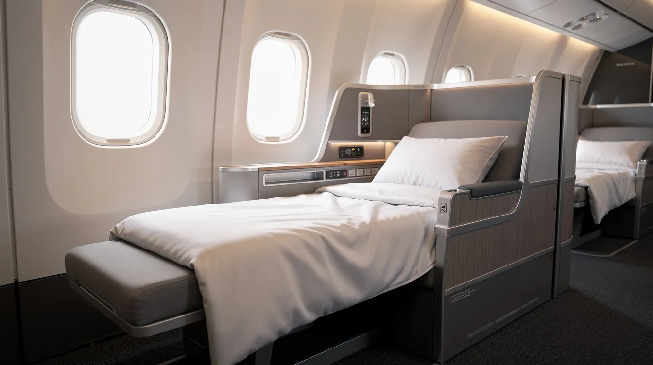 The image showcases a luxurious wide airline seat with a flat bed configuration, bathed in soft lighting, surrounded by premium bedding in a spacious cabin environment, ideal for passengers flying in business class on the world's largest passenger airliner, the Airbus A380. This inviting layout emphasizes comfort and elegance, highlighting the advanced technology and features that enhance the flying experience.