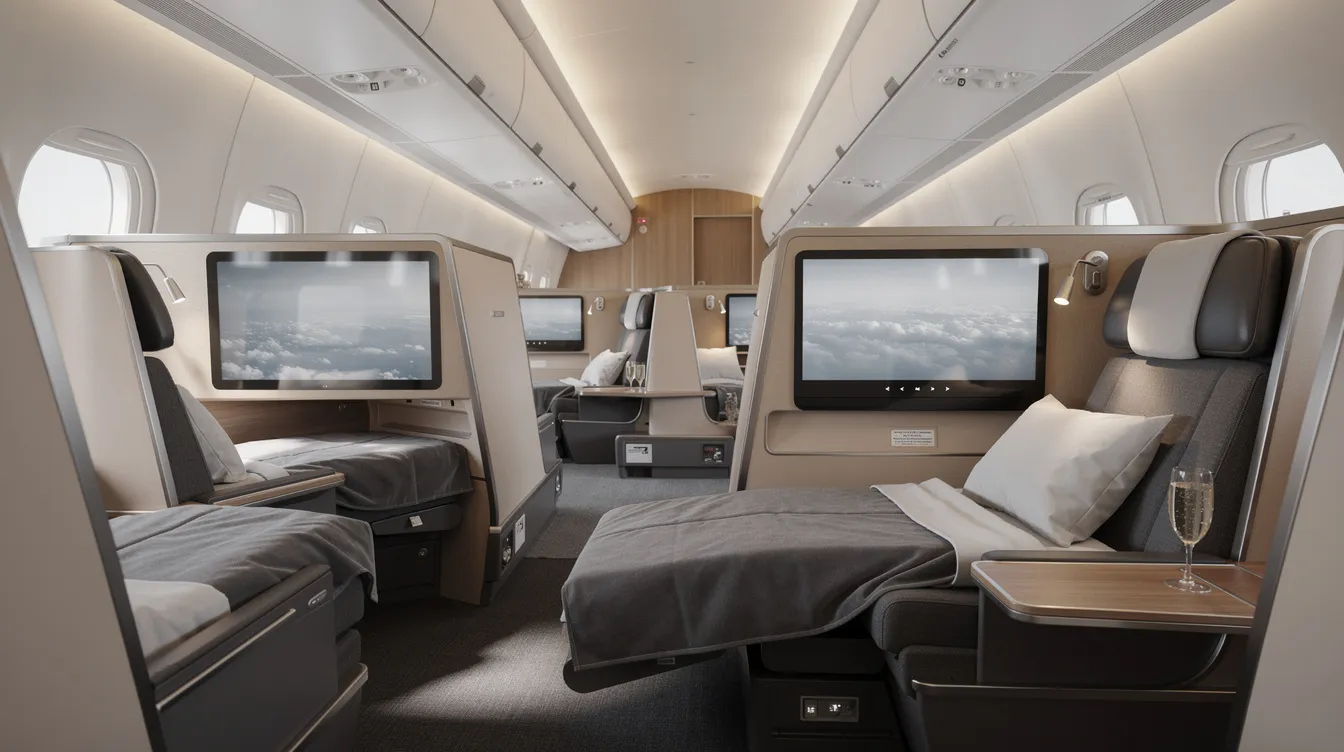 The image depicts the interior of an airline business class cabin featuring lie-flat seats arranged in a herringbone pattern, designed for complete peace and comfort during travel. This luxurious setup is ideal for passengers seeking premium experiences on their next trip, such as flights to Tokyo or other destinations.