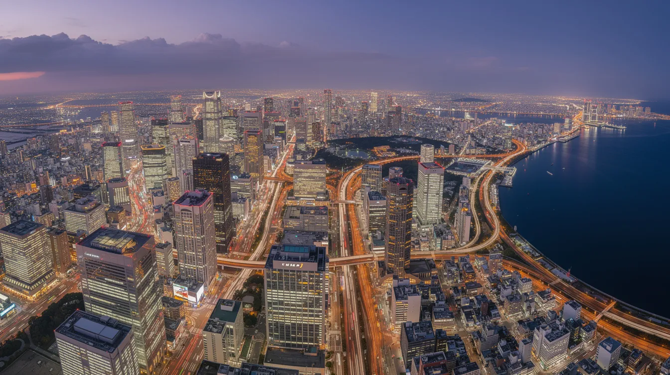 An aerial view of Tokyo city at dusk showcases a stunning skyline illuminated by glowing lights, with the gentle curve of Tokyo Bay visible in the background. This vibrant scene captures the essence of urban life in Japan, inviting travelers to explore flight deals for their next trip to this bustling capital.
