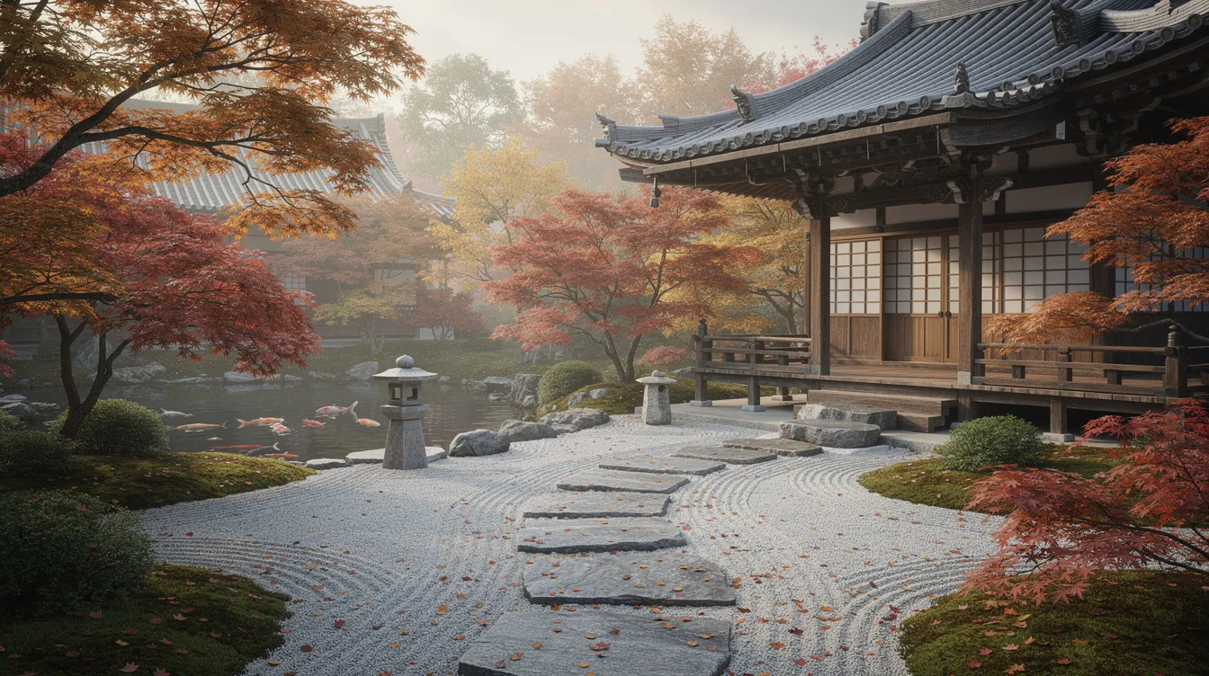 A serene traditional Japanese garden features a stone pathway leading to a wooden temple structure, surrounded by vibrant maple trees, creating a tranquil atmosphere ideal for relaxation and reflection. This picturesque scene captures the essence of Japan's natural beauty, perfect for those planning their next trip to Tokyo or exploring other destinations.