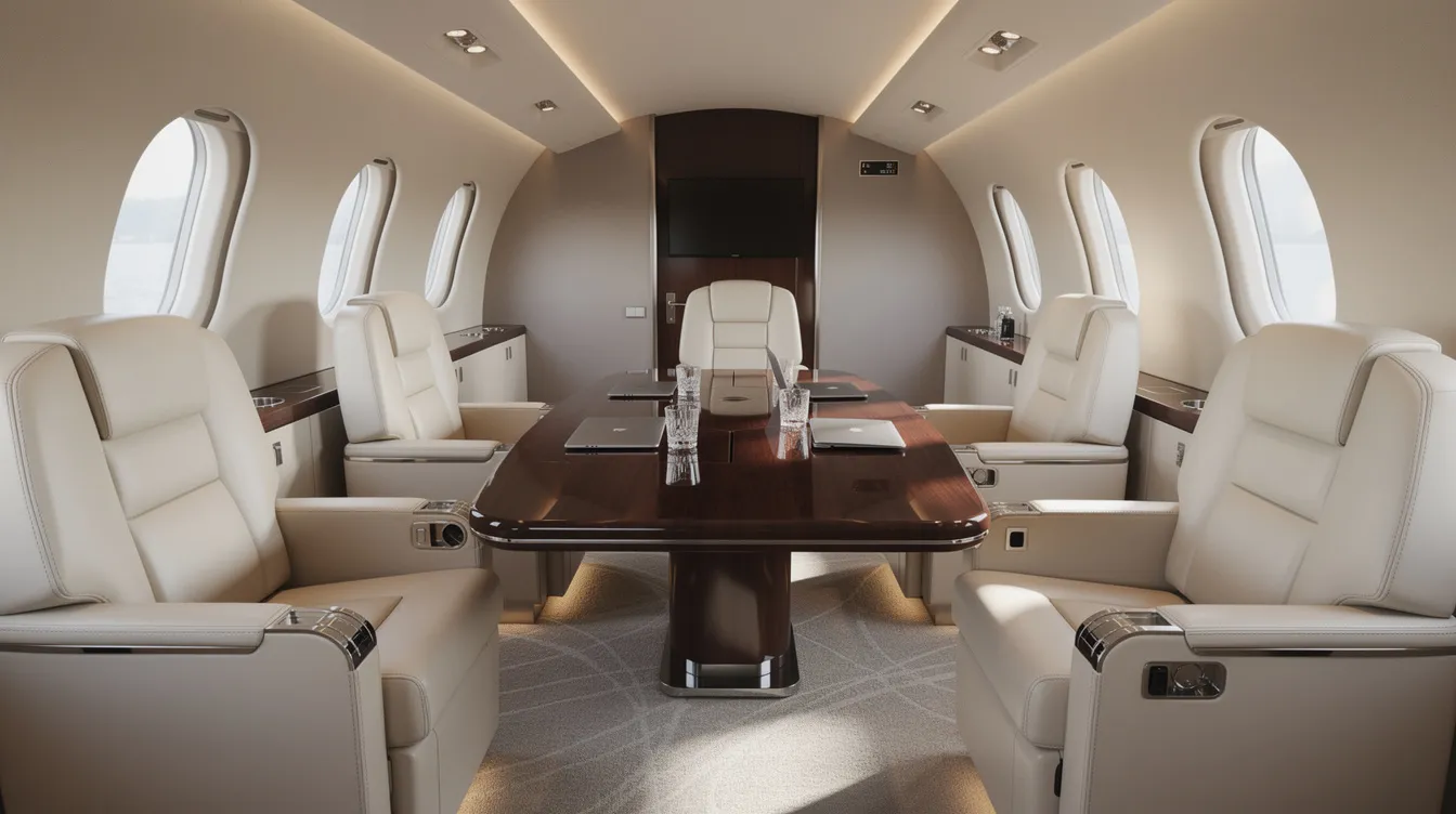 The image depicts the luxurious interior of a private jet cabin, featuring plush leather club seating arranged around a polished wood conference table, exemplifying the perks of flying first class. This elegant space offers a comfortable and stylish environment for business meetings or relaxation during air travel.