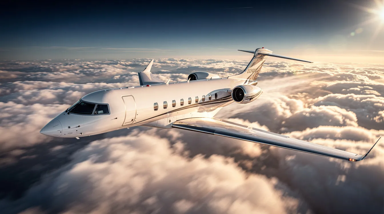 An aerial view captures a private jet soaring above fluffy clouds, with sunlight glinting off its sleek fuselage, reminiscent of the most expensive fighter jets in the world. The scene evokes a sense of luxury and advanced technology, highlighting the jet's capabilities in flight.