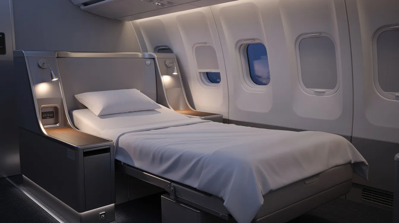 The image depicts a spacious airplane seat in a fully flat bed mode, adorned with a soft white duvet and a plush pillow, all set within a dimly lit premium cabin designed for first class passengers. This luxurious setting highlights the comfort and exclusivity of international first class travel, offering a serene atmosphere for relaxation on long haul flights.