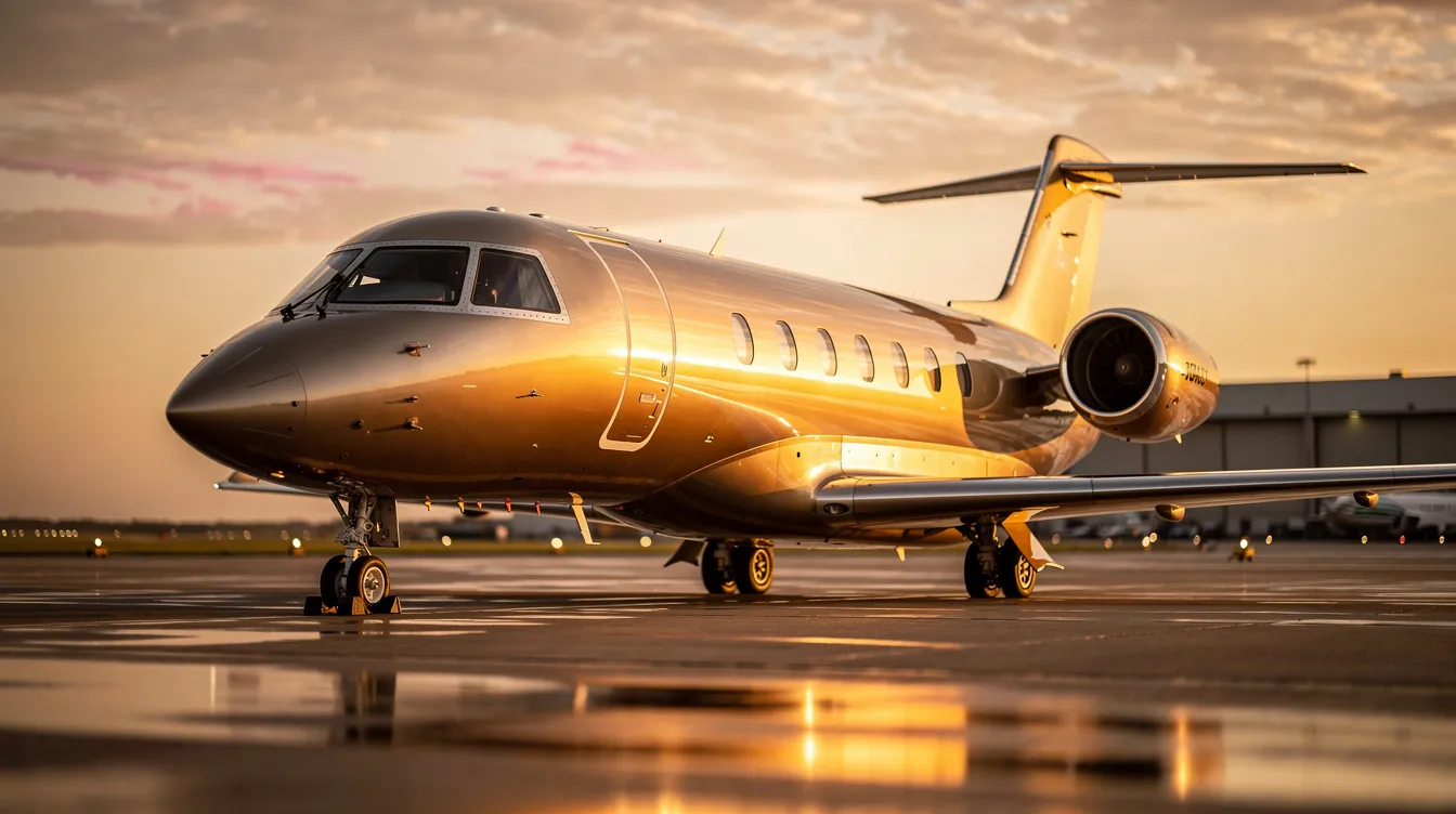 A sleek private jet is parked on a tarmac at sunset, with golden light reflecting off its fuselage, creating a luxurious scene reminiscent of first class travel. The image evokes the exclusivity and elegance associated with international flights and business class experiences.