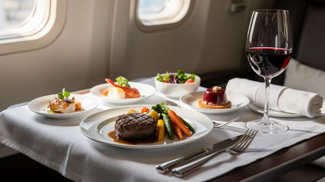 An elegantly plated multi-course meal is served on an aircraft tray table, featuring a wine glass and premium cutlery, designed for first class passengers enjoying the five-star service of international flights. The sophisticated presentation reflects the high standards of American Airlines' flagship first class experience.