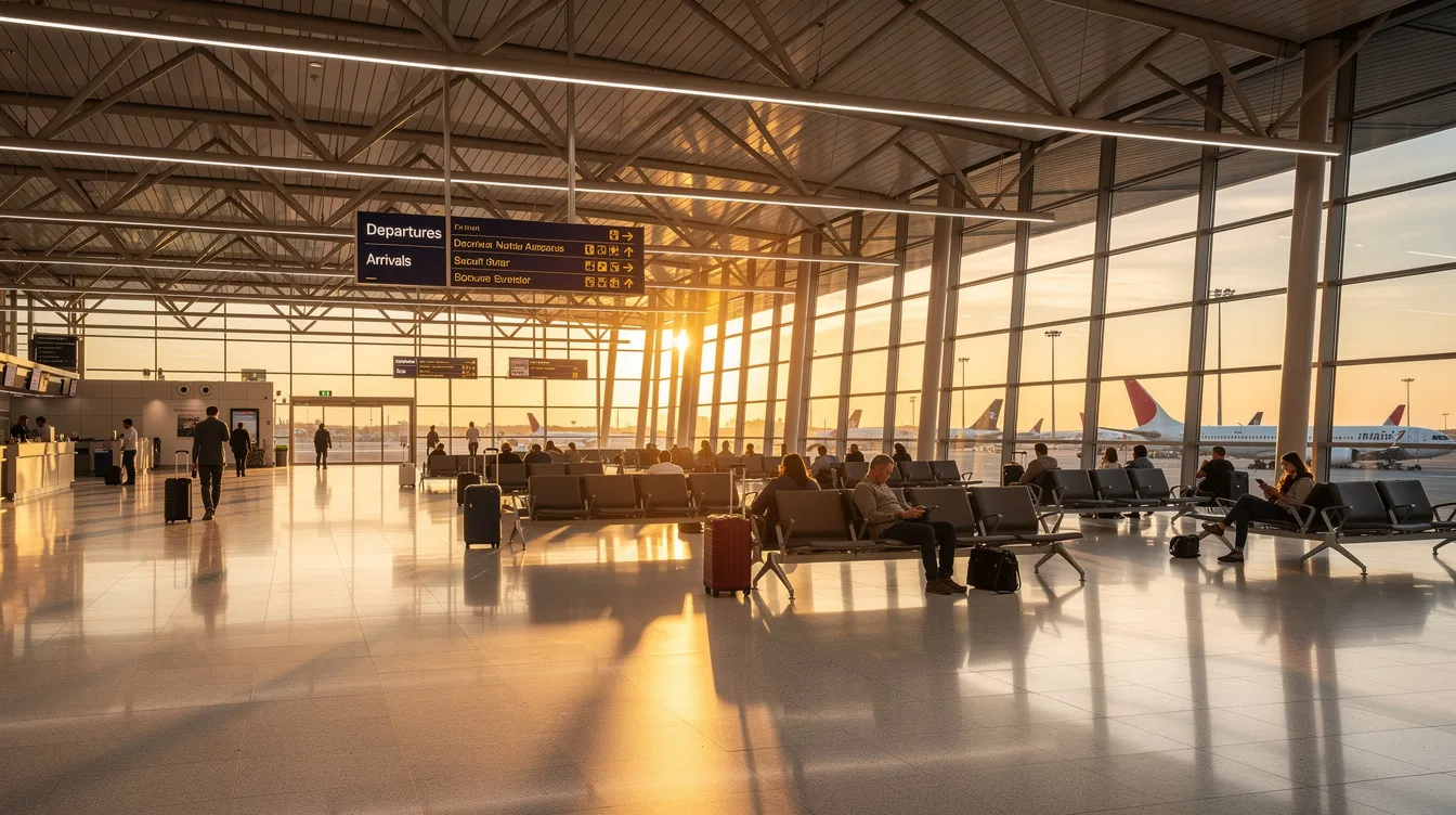 The image depicts a modern airport terminal interior bathed in morning light, with large windows allowing sunlight to illuminate the space. Travelers can be seen checking in and waiting, creating a bustling atmosphere typical of a busy airport, reminiscent of the journeys taken by frequent flyers like Tom Stuker, who has amassed millions of airline miles over decades.
