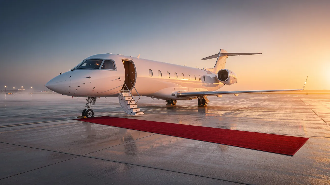 A sleek private jet is parked on a tarmac at sunrise, featuring an open cabin door and a luxurious red carpet leading to it. This scene evokes the grandeur of flying first class, reminiscent of the lifestyle enjoyed by frequent flyers like Tom Stuker, who has traveled millions of miles over the decades.