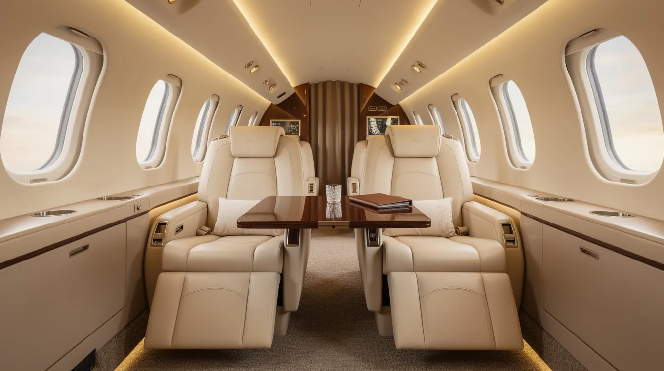 The image depicts a luxurious private jet cabin interior, featuring plush cream leather seats and warm ambient lighting, creating an inviting atmosphere for passengers. This elegant space is designed for comfort and sophistication, ideal for those interested in aviation and the experience of flying in style.