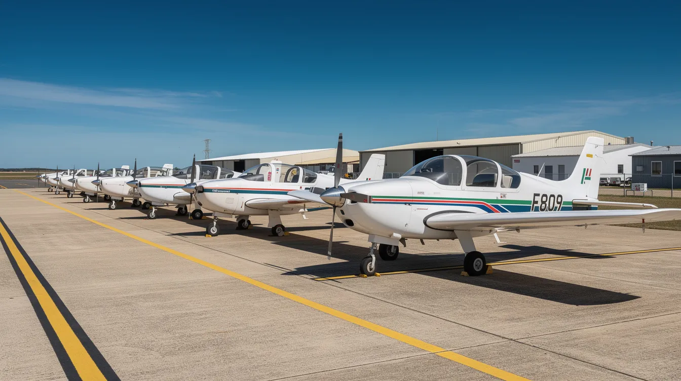 A row of small light aircraft, including Cessna Skyhawks, is neatly lined up on the tarmac of a regional airfield under a clear blue sky, showcasing the ideal environment for flight training and aviation enthusiasts. These single-engine planes are equipped for safety and performance, representing a popular choice for those interested in owning a private jet or pursuing their flight certification.