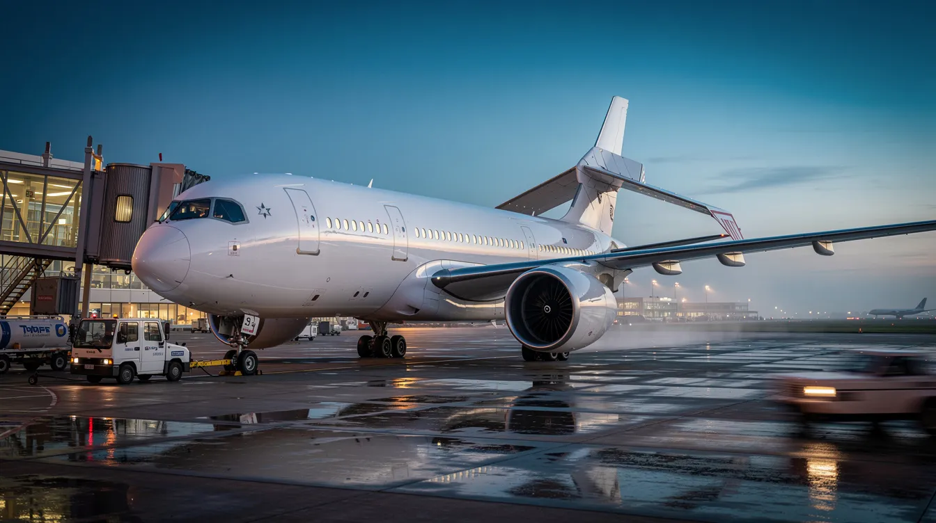 A modern twin-engine widebody jet, featuring folded wingtips, is parked at an airport gate during the blue hour, showcasing its sleek design typical of commercial aircraft used for long haul routes. This large aircraft represents the advancements in the aviation industry, emphasizing improved aerodynamics and fuel efficiency for passenger service.