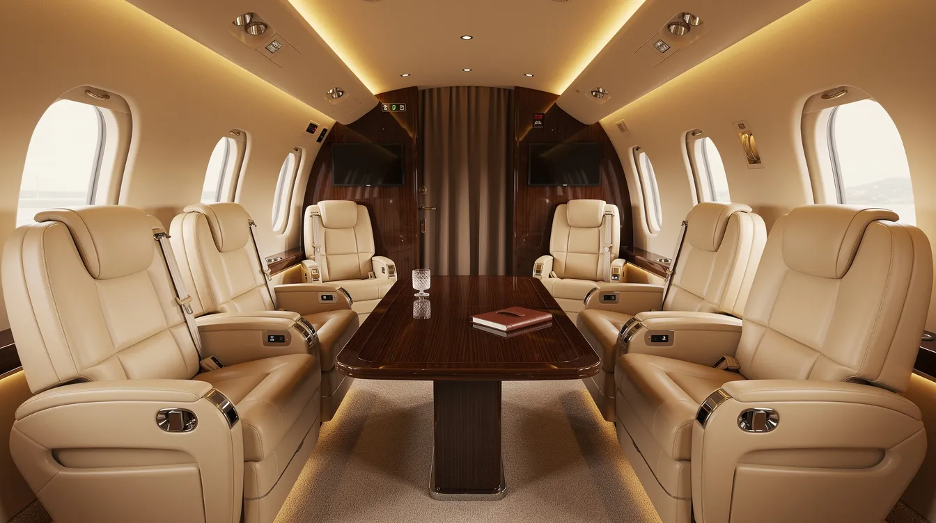 The image depicts the interior of a spacious private jet cabin featuring cream leather seats, warm ambient lighting, and a polished wood table, creating a luxurious atmosphere reminiscent of commercial aviation's finest passenger service. This elegant setting offers a comfortable environment for long haul routes, emphasizing the modern airliner's focus on passenger comfort.