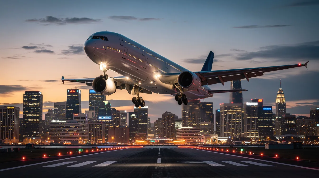 A massive double-deck commercial airliner, likely an Airbus A380 or Boeing 747, approaches a runway with a vibrant city skyline in the background during dusk. This very large aircraft, known for its passenger capacity and long haul routes, is a symbol of modern aviation and commercial airlines.