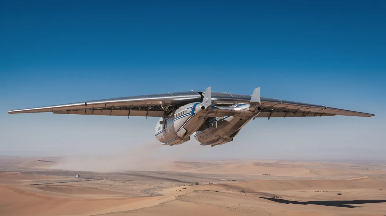 A massive twin-fuselage aircraft, resembling the world's largest passenger aircraft, soars gracefully above a vast desert landscape under a clear blue sky, showcasing its enormous wingspan that could span the length of three tennis courts. This giant aircraft, known for its low fuel consumption and high passenger capacity, is a marvel of the aviation industry.