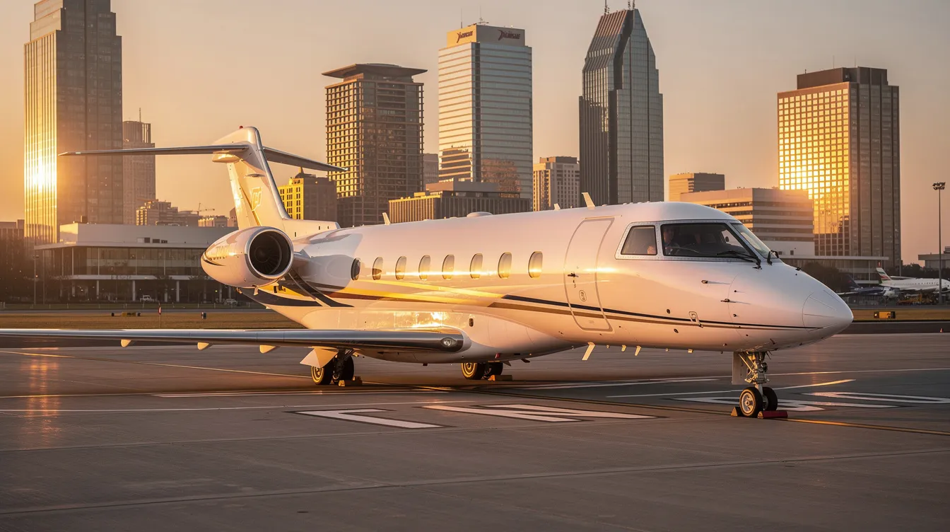 A sleek private jet is parked on a tarmac during golden hour, with a modern city skyline in the background, showcasing the elegance of the aviation industry. This scene captures the essence of luxury travel, reminiscent of the world's largest passenger aircraft, designed for long haul flights and equipped with advanced technology.