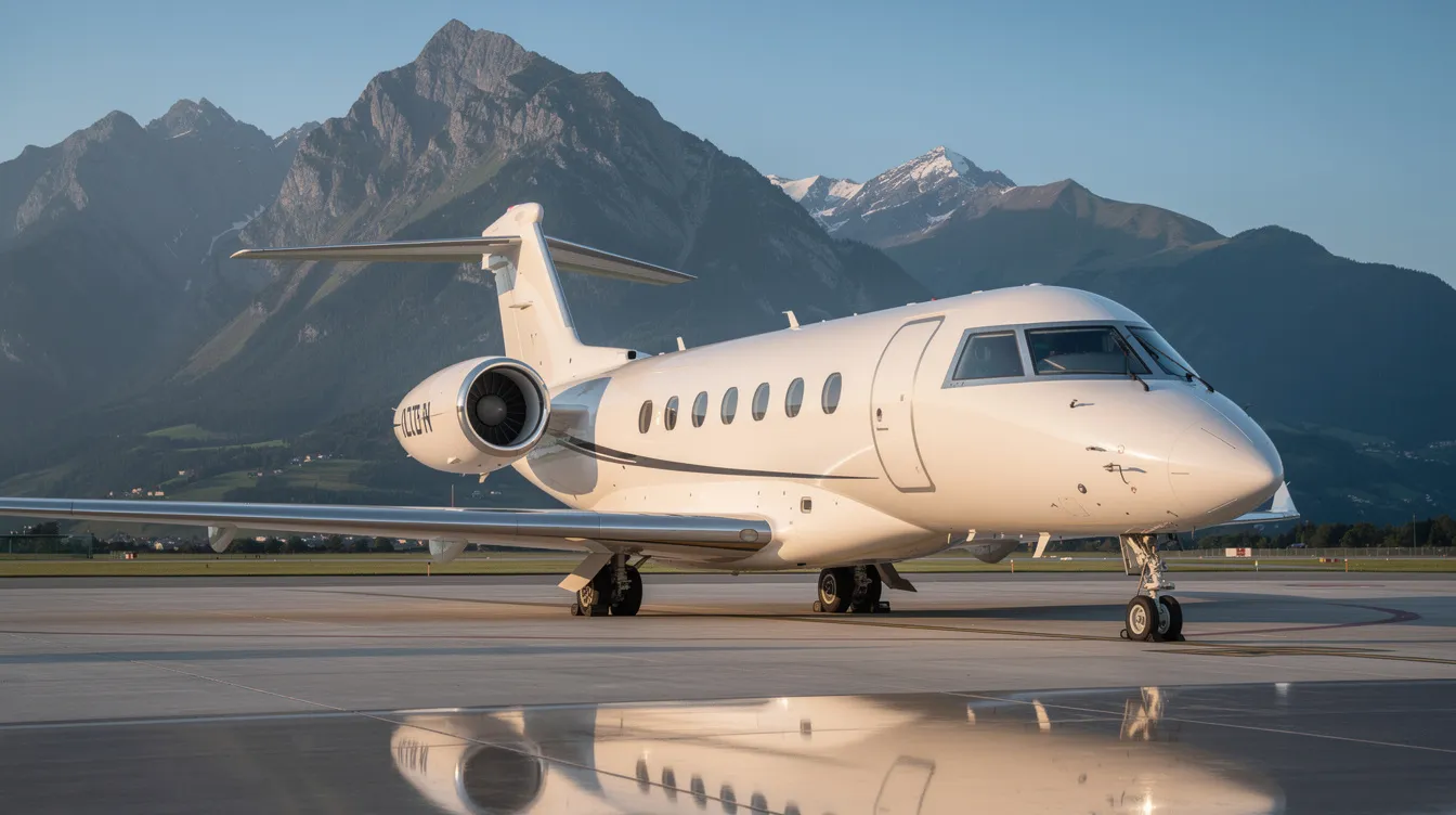 A sleek private jet is parked on the tarmac, with majestic mountains visible in the distance under a clear blue sky, suggesting a perfect day for flying. The scene captures the elegance of aircraft travel, inviting viewers to imagine the adventures that await.