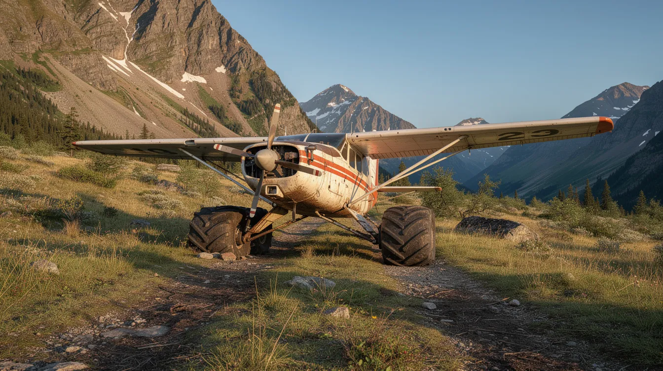 A bush plane equipped with large balloon tundra tires is stationed on a short grass airstrip, surrounded by rugged mountainous terrain. The scene suggests the challenges of flying in remote areas, where aircraft are designed to carry loads and navigate difficult landscapes.