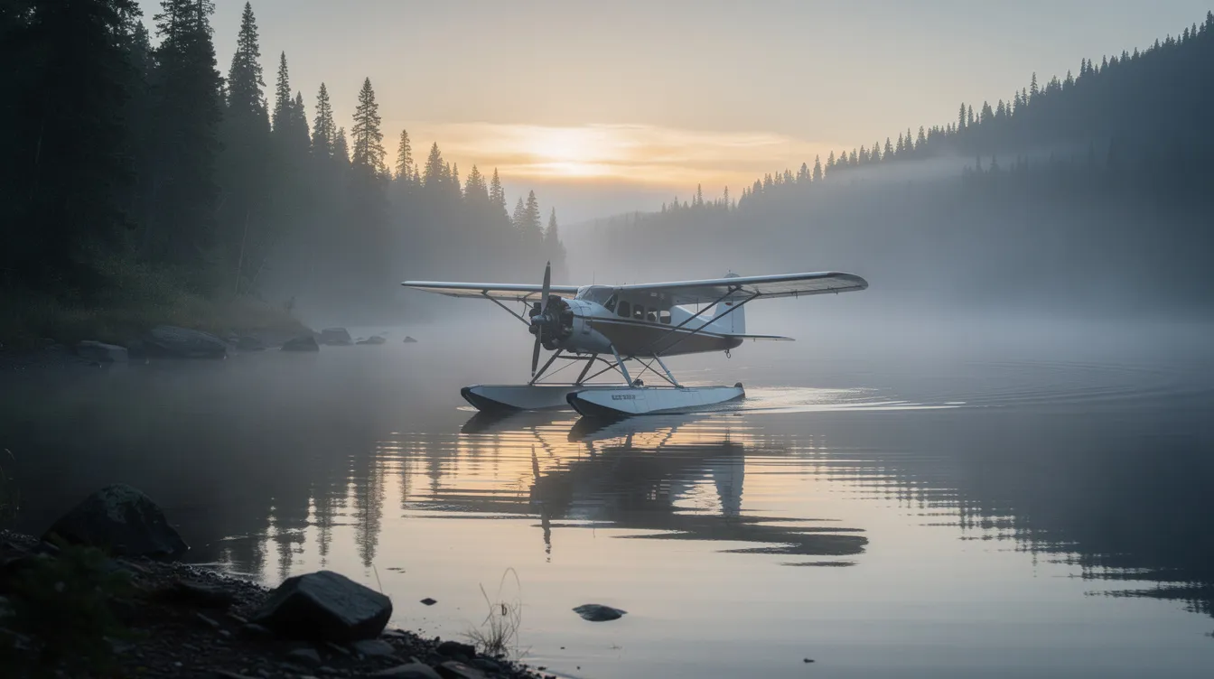 A vintage float plane rests on a remote northern lake, surrounded by dense forest and early morning mist, suggesting a serene atmosphere perfect for flying adventures. The tranquil scene captures the challenge and beauty of nature, inviting viewers to imagine the journeys this aircraft could carry out.