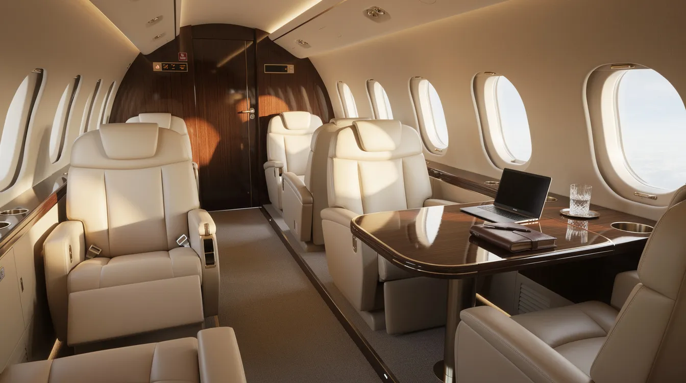 The image depicts the interior of a spacious private jet cabin featuring wide leather seats and a polished wood work table, designed for comfort and luxury. This setting showcases high-quality cabin features, offering ample legroom and amenities for an upscale flying experience.